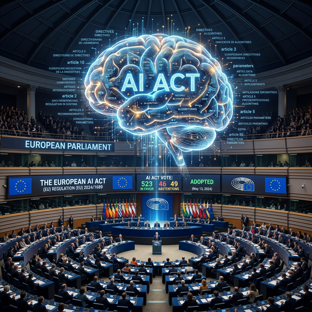 European Parliament chamber with officials and large digital brain displaying AI ACT and voting results
